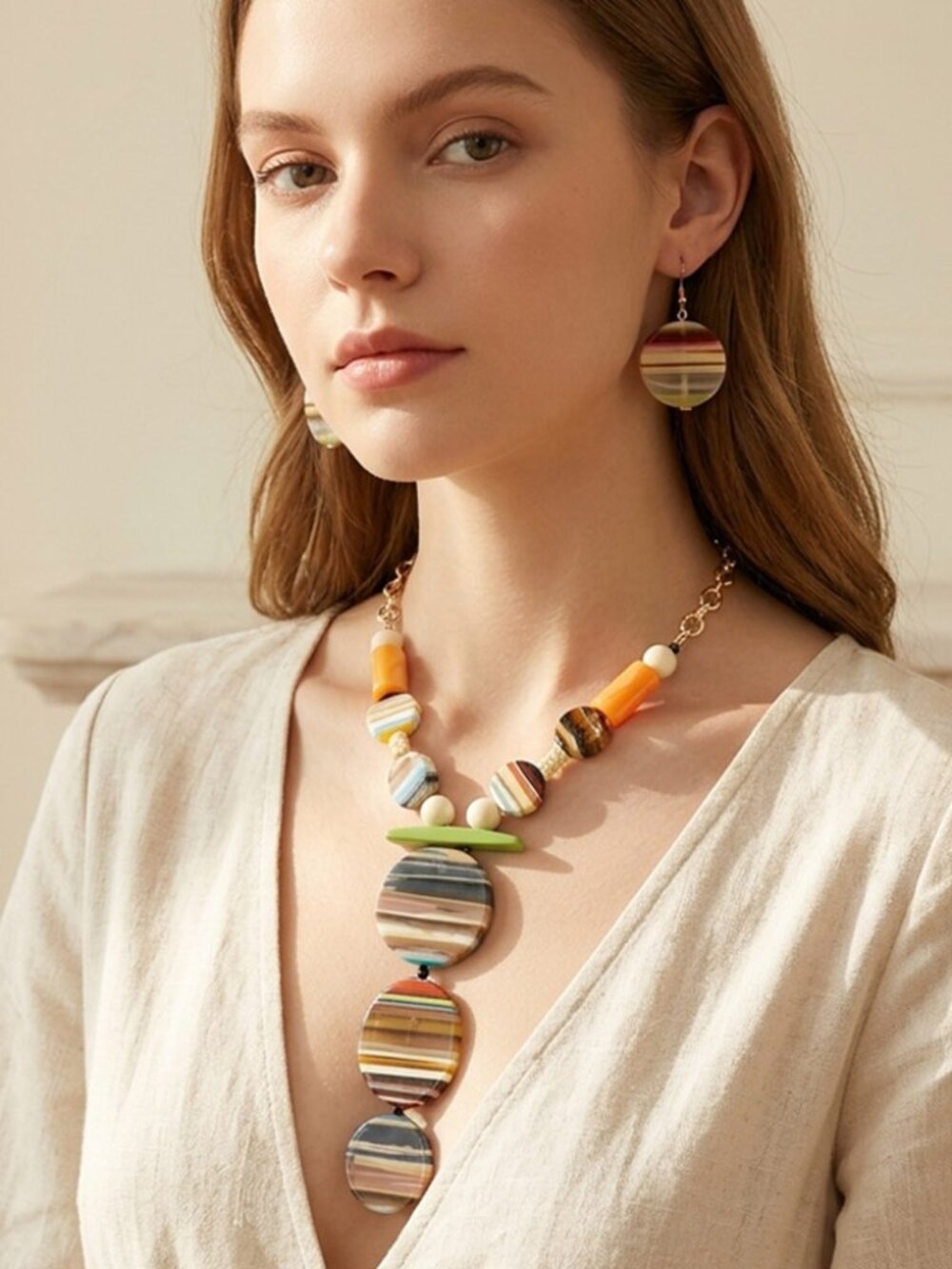 Abstract Fall Colors Pattern Geometric Resin Beaded Statement Necklace Earrings - Picture 3 of 5